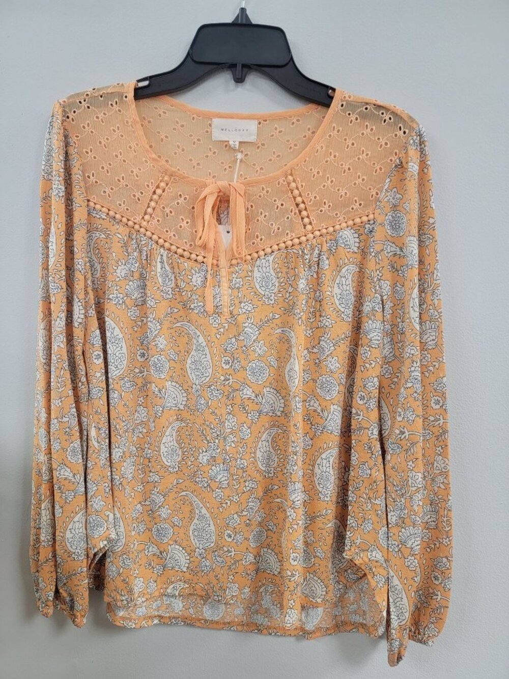 Melloday Womens Paisley Blouse With Crochet Yoke & Tie Neck Large